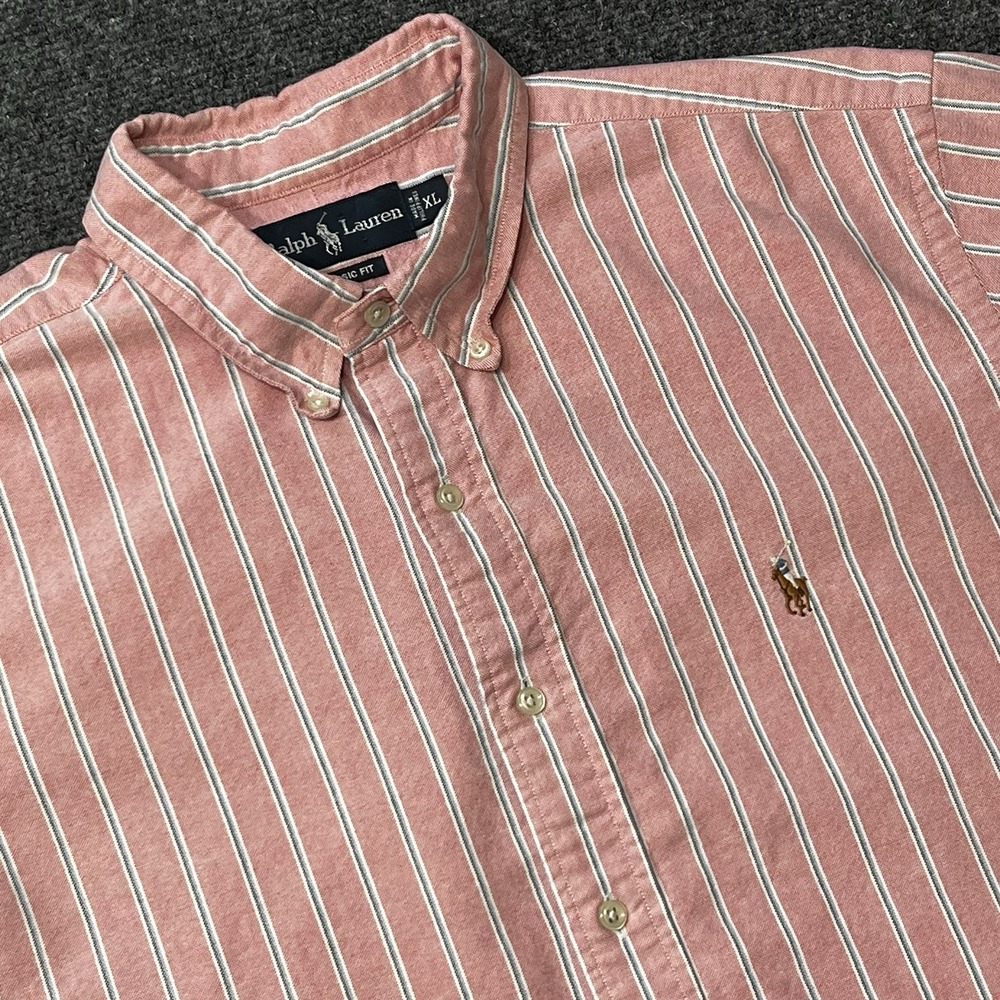 Ralph Lauren Shirt Mens XL Pink Red Stripe Button Down Short Sleeve Classic Fit